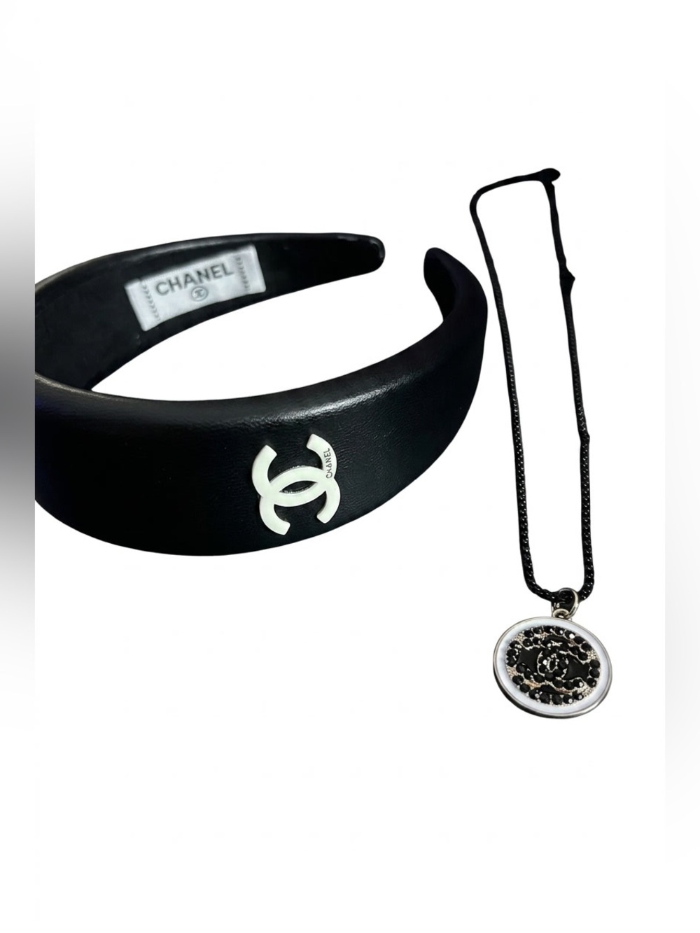 Fashion Jewelry Black Headband with White Logo & Black Pendant Necklace